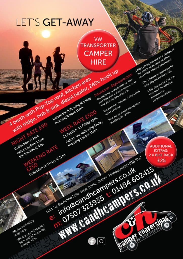 Campervan hire information poster and pricing guide